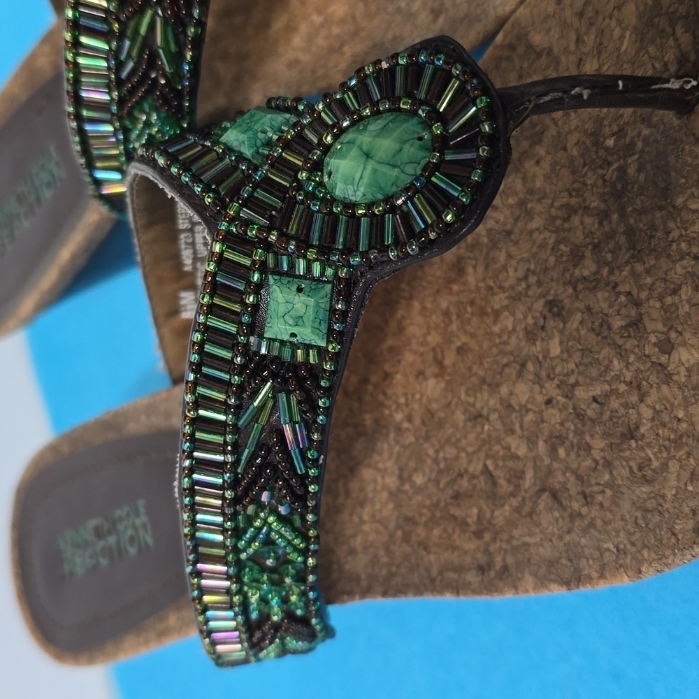 Kenneth Cole Reaction Turquoise Beaded Woven Cork Wedge Thong Sandals Shoes - Picture 5 of 11